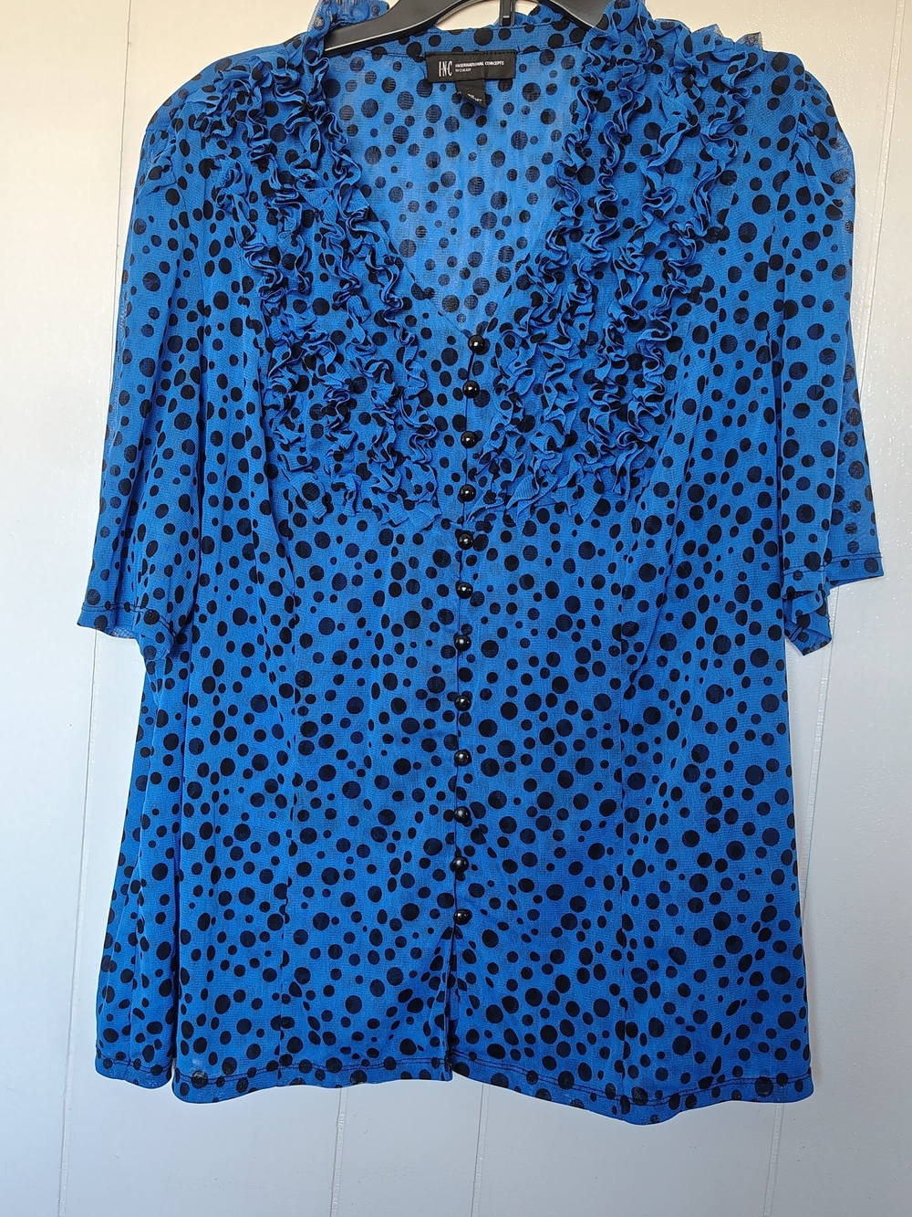 INC International Concepts Blue Polka Dot Ruffle Button Front Blouse Size 3X.